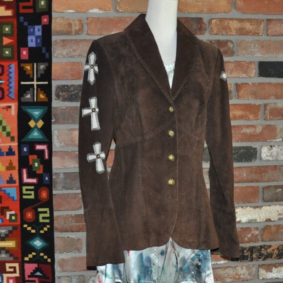 Vintage Brown & Tan Suede Leather Studded Cross Inlay Western Hippie Jacket M - Picture 4 of 10